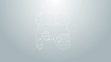 Gri arka planda tente ikonu olan mavi çizgi Fast Street yemek arabası. Hamburger ya da hamburger ikonu. Şehir büfesi. 4K Video hareketli grafik canlandırması