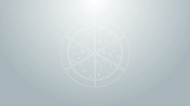 Mavi çizgi pizza simgesi gri arka planda izole edildi. 4K Video hareketli grafik canlandırması