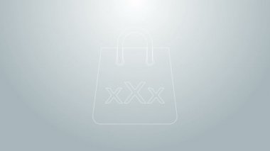 Gri arka planda üçlü X simgesi olan mavi çizgili alışveriş torbası. 4K Video hareketli grafik canlandırması