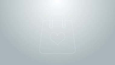 Gri arka planda kalp ikonu olan mavi çizgili alışveriş torbası. Alışveriş torbası sevgisi kalp ikonu gibidir. Sevgililer Günü sembolü. 4K Video hareketli grafik canlandırması