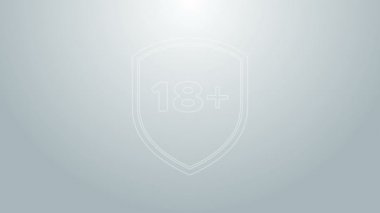 Üzerinde 18 yazılı mavi çizgi kalkanı ve gri arkaplanda izole edilmiş bir simge. Sadece yetişkinlerin içeriği. Koruma, güvenlik, güvenlik, konsept koruma. 4K Video hareketli grafik canlandırması