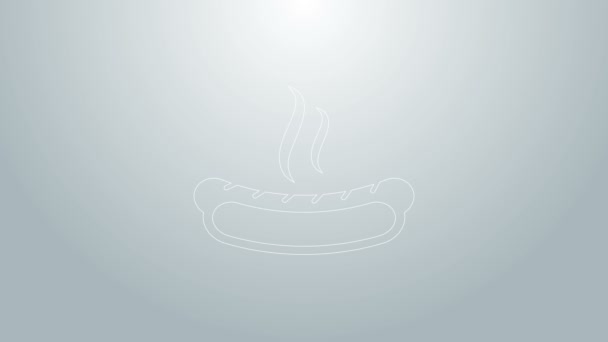 Blauwe lijn Hotdog sandwich met mosterd pictogram geïsoleerd op grijze achtergrond. Worstpictogram. Fastfood bord. 4K Video motion grafische animatie — Stockvideo