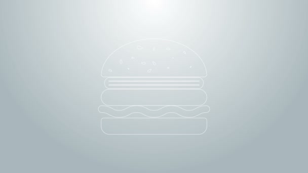 Μπλε γραμμή Burger εικονίδιο απομονώνονται σε γκρι φόντο. Εικονίδιο χάμπουργκερ. Σάντουιτς με τσίζμπεργκερ. 4K Γραφική κίνηση κίνησης βίντεο — Αρχείο Βίντεο