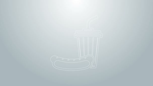 Blauwe lijn Soda en hotdog pictogram geïsoleerd op grijze achtergrond. Fast food symbool. 4K Video motion grafische animatie — Stockvideo