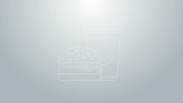 Niebieska linia Kawa i ikona burger izolowane na szarym tle. Symbol fast foodów. 4K Animacja graficzna ruchu wideo — Wideo stockowe