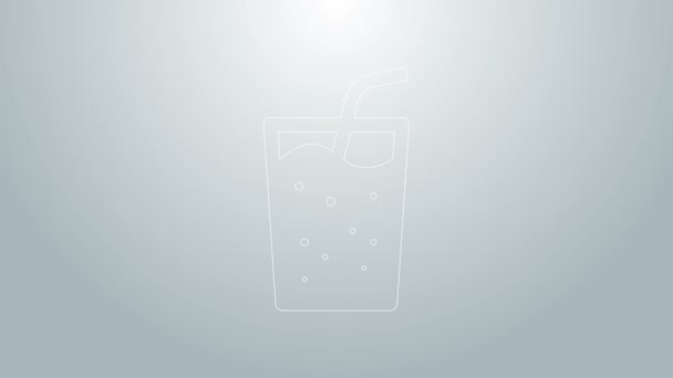 Línea azul Cristal con icono de agua aislado sobre fondo gris. Un vaso de refresco con paja para beber. Símbolo de bebida fría fresca. Animación gráfica de vídeo 4K — Vídeo de stock