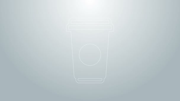 Niebieska linia Kawa filiżanka ikona izolowane na szarym tle. Jednorazowy kubek kawy z gorącą kawą. 4K Animacja graficzna ruchu wideo — Wideo stockowe