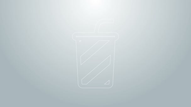Línea azul Cristal con icono de agua aislado sobre fondo gris. Un vaso de refresco con paja para beber. Símbolo de bebida fría fresca. Animación gráfica de vídeo 4K — Vídeo de stock