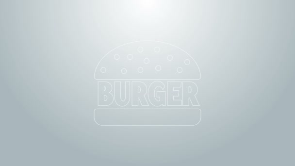 Blaue Linie Burger Symbol isoliert auf grauem Hintergrund. Hamburger Ikone. Cheeseburger Sandwich-Schild. 4K Video Motion Grafik Animation