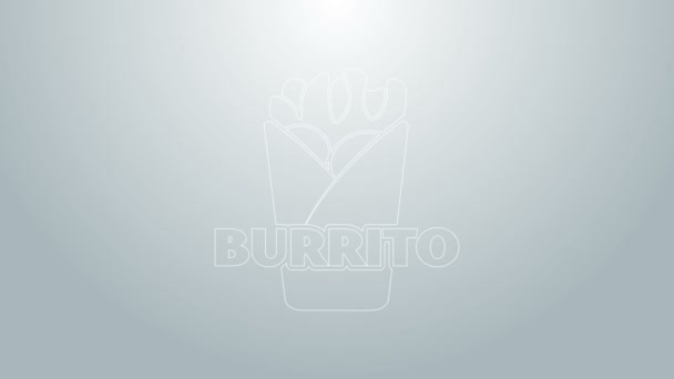 Mavi çizgi Burrito simgesi gri arkaplanda izole edildi. Geleneksel Meksika fast food 'u. 4K Video hareketli grafik canlandırması — Stok video