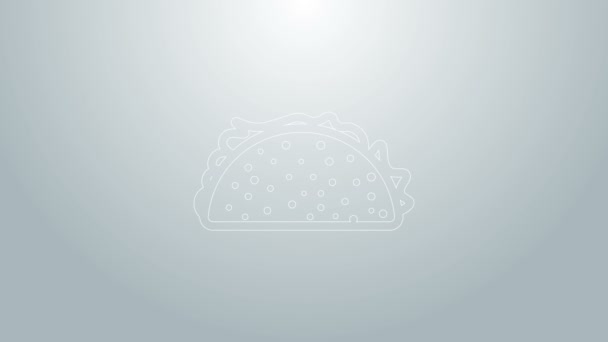Taco de línea azul con icono de tortilla aislado sobre fondo gris. Comida rápida mexicana tradicional. Animación gráfica de vídeo 4K — Vídeo de stock