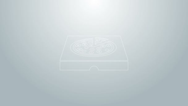 Niebieska linia Pizza w kartonowym pudełku ikona izolowana na szarym tle. Pudełko z elementami układu. 4K Animacja graficzna ruchu wideo — Wideo stockowe