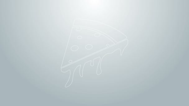 青い線灰色の背景に隔離されたピザアイコンのスライス。4Kビデオモーショングラフィックアニメーション — ストック動画