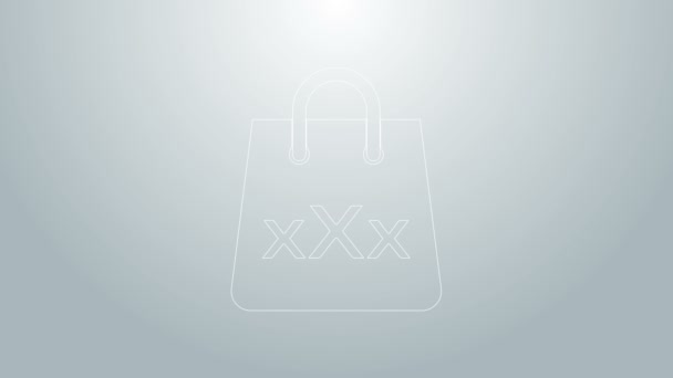Línea azul Bolsa de compras con un icono triple X aislado sobre fondo gris. Animación gráfica de vídeo 4K — Vídeo de stock