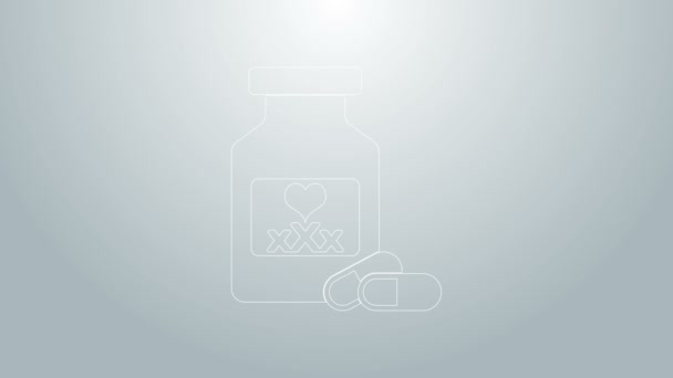 Modrá čára Lék láhev s prášky na potenci, afrodiziakum ikona izolované na šedém pozadí. Prášky na sex pro muže a ženy. Grafická animace pohybu videa 4K — Stock video