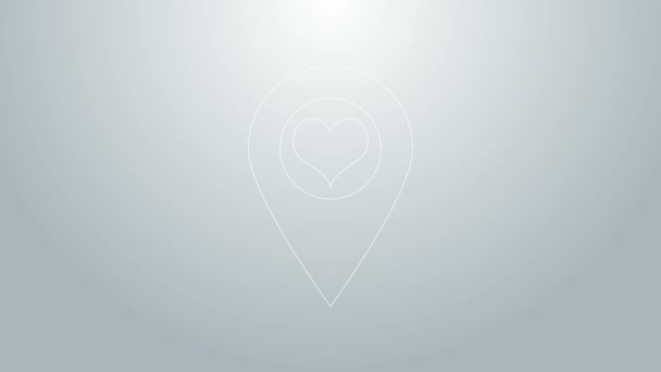 Linha azul Mapa ponteiro com ícone de coração isolado no fundo cinza. Animação gráfica em movimento de vídeo 4K — Vídeo de Stock