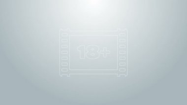 Üzerinde 18 yazılı mavi çizgi Play Video artı gri arkaplanda izole edilmiş simge. Yaş sınırlama sembolü. 18 artı içerik işareti. Yetişkin kanalı. 4K Video hareketli grafik canlandırması