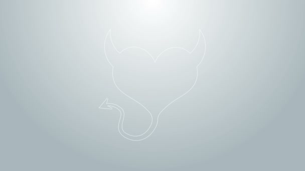 Boynuzlu mavi çizgi şeytan kalbi ve gri arka planda izole edilmiş bir kuyruk ikonu. Sevgililer Günü sembolü. 4K Video hareketli grafik canlandırması — Stok video