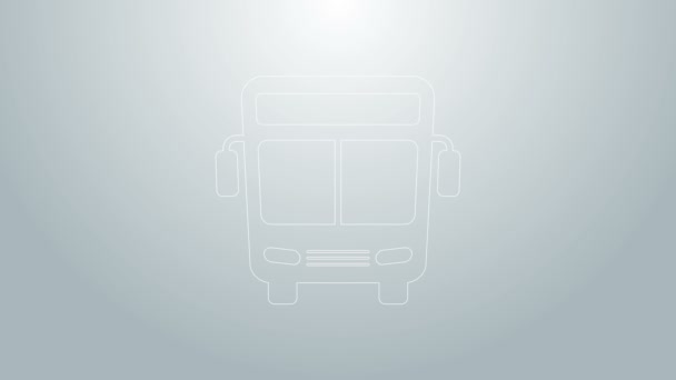 Línea azul Icono de bus aislado sobre fondo gris. Concepto de transporte. Autobús señal de transporte turístico. Símbolo turístico o de vehículo público. Animación gráfica de vídeo 4K — Vídeo de stock