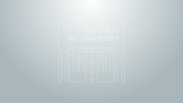 Ligne bleue Bâtiment de supermarchés avec icône panier isolé sur fond gris. Magasin ou magasin. Bâtiment commercial. Animation graphique de mouvement vidéo 4K — Video