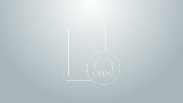 Ligne bleue Icône du livre audio isolé sur fond gris. Livre avec écouteurs. Panneau audio-guide. Concept d'apprentissage en ligne. Animation graphique de mouvement vidéo 4K — Video