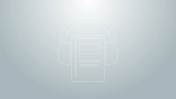 Línea azul Icono de libro de audio aislado sobre fondo gris. Reserva con auriculares. Signo de audio guía. Concepto de aprendizaje en línea. Animación gráfica de vídeo 4K — Vídeo de stock