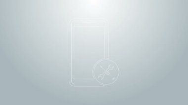Gri arkaplanda mavi çizgili akıllı telefon, tornavida ve ingiliz anahtarı simgesi var. Ayarlama, servis, ayar, bakım, onarım, onarım. 4K Video hareketli grafik canlandırması