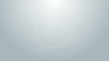 Mavi satır Hashtag konuşma balonu simgesi gri arkaplanda izole edildi. Sayı işareti kavramı, sosyal medya pazarlaması, mikro blog yazma. 4K Video hareketli grafik canlandırması