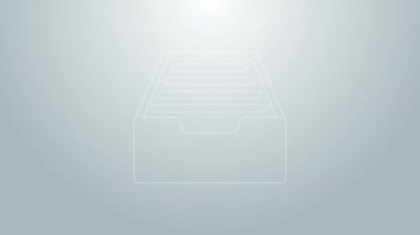 Gri arkaplanda belge simgesi olan mavi çizgili çekmece. Arşiv çekmecesi. Dosya dolabı çekmecesi. Ofis mobilyası. 4K Video hareketli grafik canlandırması