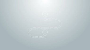 Mavi çizgi rota konumu simgesi gri arkaplanda izole edildi. Harita işaretçisi işareti. Yol ya da yol kavramı. GPS navigatörü. 4K Video hareketli grafik canlandırması