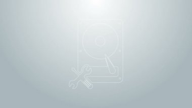 Gri arkaplanda mavi çizgi sabit disk sürücüsü ve anahtar simgesi izole edildi. Ayarlama, servis, ayar, bakım, onarım, onarım. 4K Video hareketli grafik canlandırması