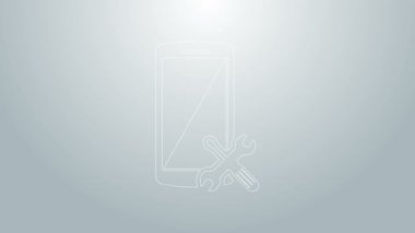 Gri arkaplanda mavi çizgili akıllı telefon, tornavida ve ingiliz anahtarı simgesi var. Ayarlama, servis, ayar, bakım, onarım, onarım. 4K Video hareketli grafik canlandırması