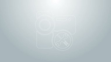 Mavi çizgi video kamerası gri arkaplanda izole edilmiş tornavida ve anahtar ikonu var. Ayarlama, servis, ayar, bakım, onarım, onarım. 4K Video hareketli grafik canlandırması