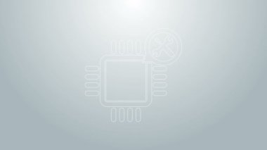 Gri arkaplanda mavi çizgili tornavida ve ingiliz anahtarı simgesi olan işlemci. Ayarlama, servis, ayar, bakım, onarım, onarım. 4K Video hareketli grafik canlandırması
