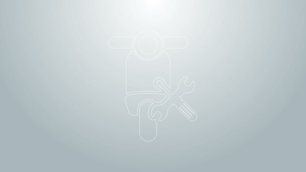 Scooter ligne bleue avec tournevis et icône clé isolée sur fond gris. Réglage, entretien, réglage, entretien, réparation, fixation. Animation graphique de mouvement vidéo 4K — Video