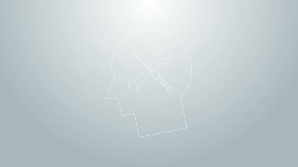Mavi çizgi insan kafası, gri arka planda izole edilmiş tornavida ve ingiliz anahtarı ikonu. Yapay zeka. Beynin sembol çalışması. 4K Video hareketli grafik canlandırması — Stok video