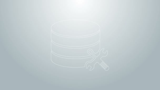 Blue line Database server with screwdriver and wrench icon isolated on grey background. Adjusting, service, setting, maintenance, repair, fixing. 4K Video motion graphic animation — Stock Video