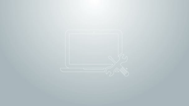 Laptop garis biru dengan obeng dan ikon kunci pas terisolasi pada latar belakang abu-abu. Penyesuaian, pelayanan, pengaturan, pemeliharaan, perbaikan, perbaikan. Animasi grafis gerak Video 4K — Stok Video