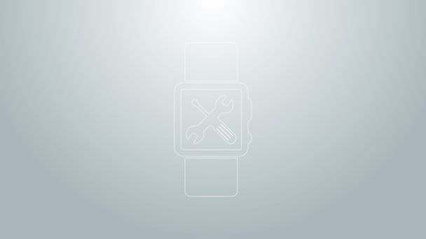 Blå linje Smartwatch med skruvmejsel och skiftnyckel ikon isolerad på grå bakgrund. Justering, service, inställning, underhåll, reparation, fixering. 4K Video motion grafisk animation — Stockvideo