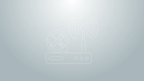 Router de línea azul wi-fi con destornillador e icono de llave inglesa aislado sobre fondo gris. Ajuste, servicio, ajuste, mantenimiento, reparación, fijación. Animación gráfica de vídeo 4K — Vídeo de stock