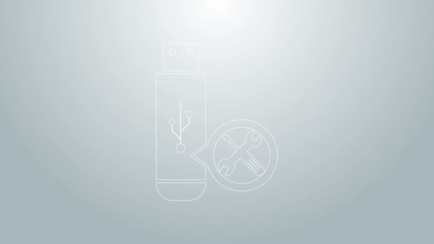 Modrá čára USB flash disk se šroubovákem a klíčem ikona izolované na šedém pozadí. Nastavení, servis, nastavení, údržba, opravy, opravy. Grafická animace pohybu videa 4K — Stock video
