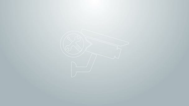 Modrá linka Bezpečnostní kamera se šroubovákem a ikonou klíče izolovaná na šedém pozadí. Nastavení, servis, nastavení, údržba, opravy, opravy. Grafická animace pohybu videa 4K — Stock video