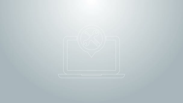 Laptop linha azul com chave de fenda e ícone chave isolada no fundo cinza. Ajuste, serviço, configuração, manutenção, reparação, fixação. Animação gráfica em movimento de vídeo 4K — Vídeo de Stock