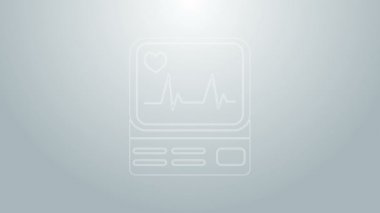 Gri arkaplanda kardiyogram simgesi olan mavi çizgi bilgisayar monitörü. Simge denetleniyor. Kalp atışı elle çizilmiş EKG monitörü. 4K Video hareketli grafik canlandırması