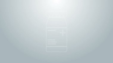 Mavi çizgi ilaç şişesi ve gri arka planda izole edilmiş ilaç ikonu. Şişe hapı işareti. Eczane tasarımı. 4K Video hareketli grafik canlandırması