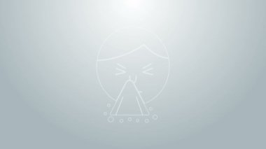 Mavi çizgili adam mendil ya da peçeteyi gri arka plandaki akışkan burun ikonuna tutuyordu. Coryza hastalığının belirtileri. 4K Video hareketli grafik canlandırması