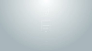 Mavi çizgi araba egzozu simgesi gri arkaplanda izole edildi. Egzoz borusu. 4K Video hareketli grafik canlandırması