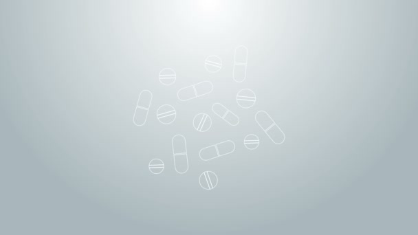 Niebieska linia Pigułka medyczna lub ikona tabletki izolowane na szarym tle. Tabletka kapsułki i znak narkotyków. Projekt apteki. 4K Animacja graficzna ruchu wideo — Wideo stockowe