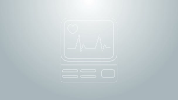 Monitor de ordenador de línea azul con icono de cardiograma aislado sobre fondo gris. Icono de monitoreo. Monitor ECG con latidos cardíacos dibujados a mano. Animación gráfica de vídeo 4K — Vídeos de Stock