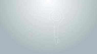 Mavi çizgi saç kurutma ikonu gri arkaplanda izole edildi. Saç kurutma makinesi tabelası. Saç kurutma sembolü. Sıcak hava üflüyor. 4K Video hareketli grafik canlandırması